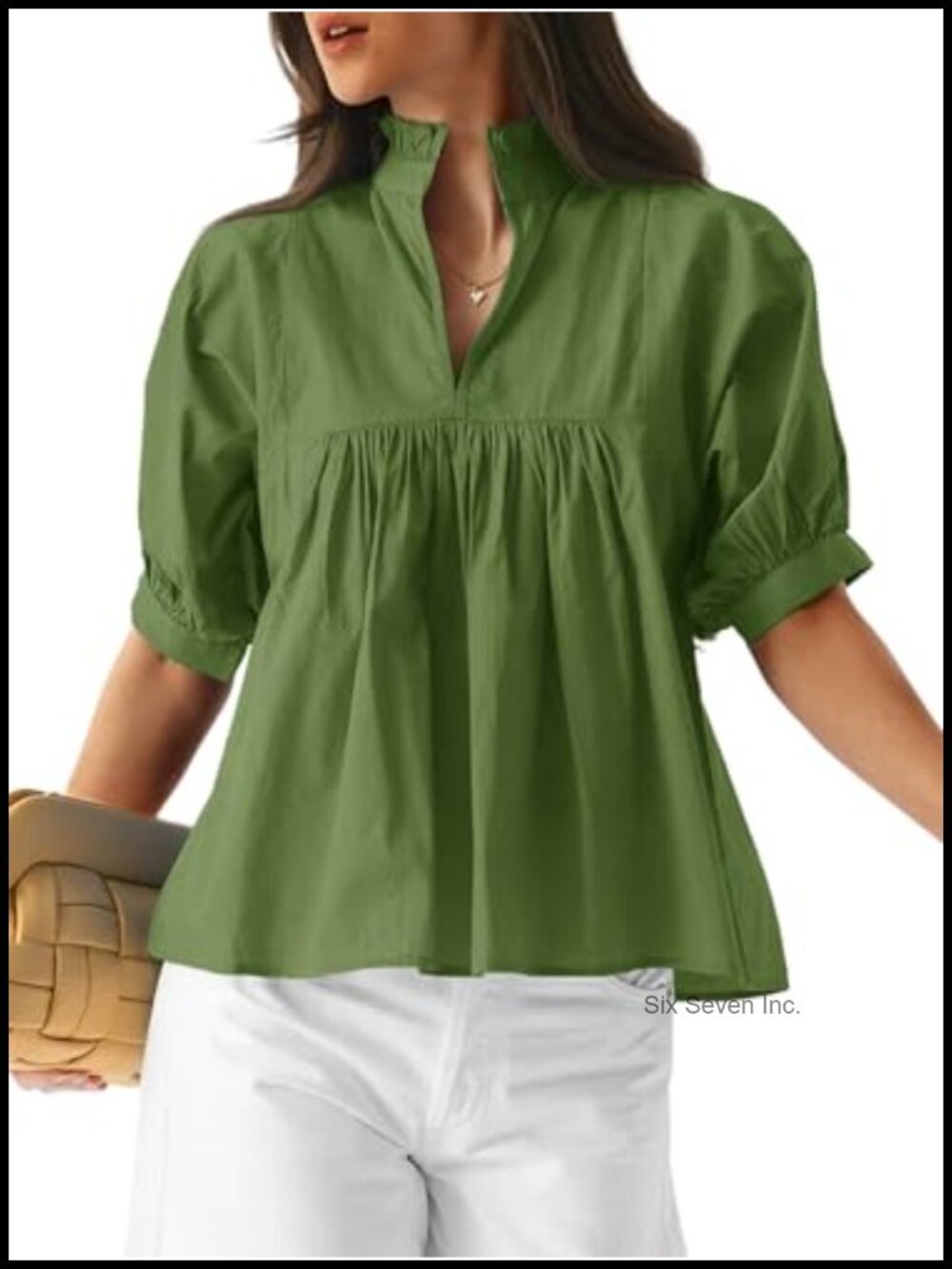 Womens Cotton Peplum Blouse V Neck Puff Sleeve Top